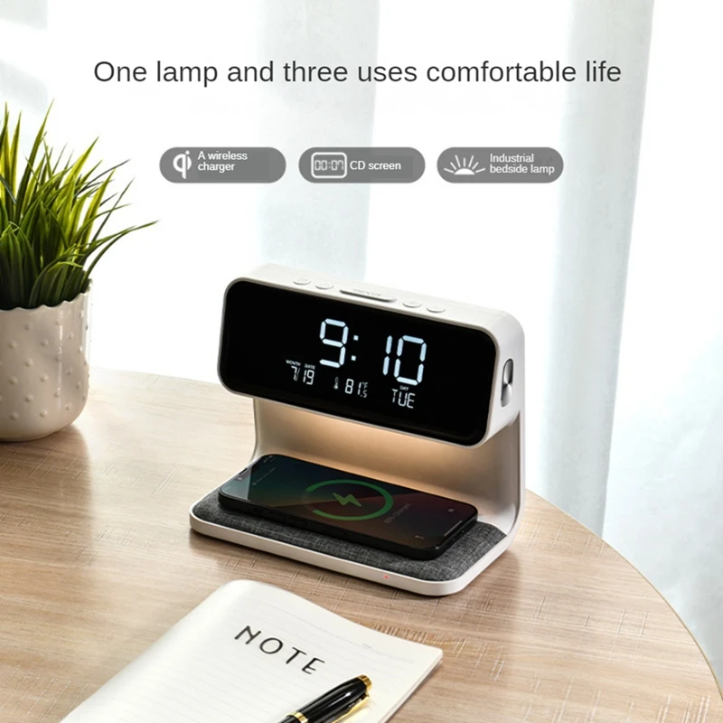 

Alarm Clock With Wireless Charging And Lights Dimmable Digtial Alarm Clock Charging Station For Bedroom, Bedside Office Durable