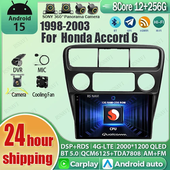Фото Android 15 Carplay Auto WIFI + 4G автомобильный радиоприемник мультимедийный плеер для Honda Accord 6 1998-2003 DSP авторадио стерео 2din головное устройство №1