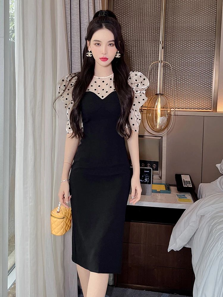 

Summer Women Midi Dress Vintage Elegant Casual Dot Organza Knitting Patchwork O-neck Puff Slit Slim Robe Party Street Vestidos