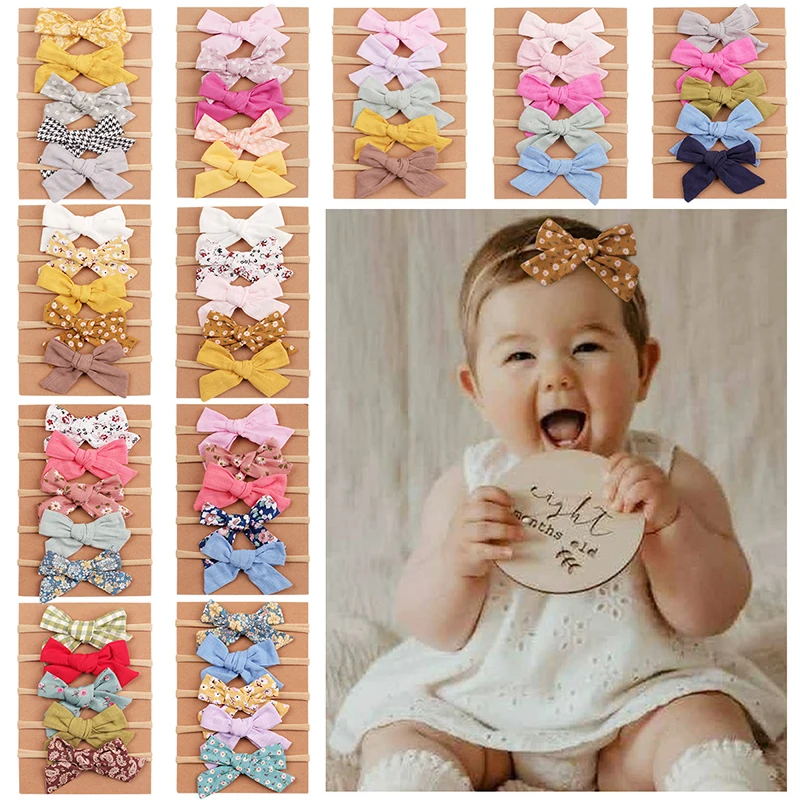 

5 шт./лот однотонная Детская повязка на голову с бантом для девочек новорожденных мягкие эластичные повязки для волос из льняной ткани нейло...