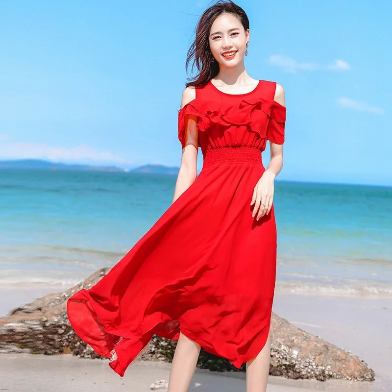 

Summer Red Chiffon Dress Slim Long Dress Fairy Sweet Beach Skirt Beach Holiday