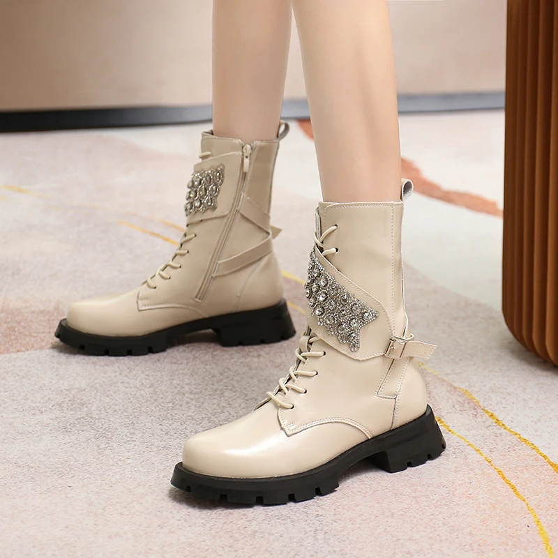 

Женские ботильоны на толстой подошве, осенние полусапожки из искусственной кожи со стразами, 2022