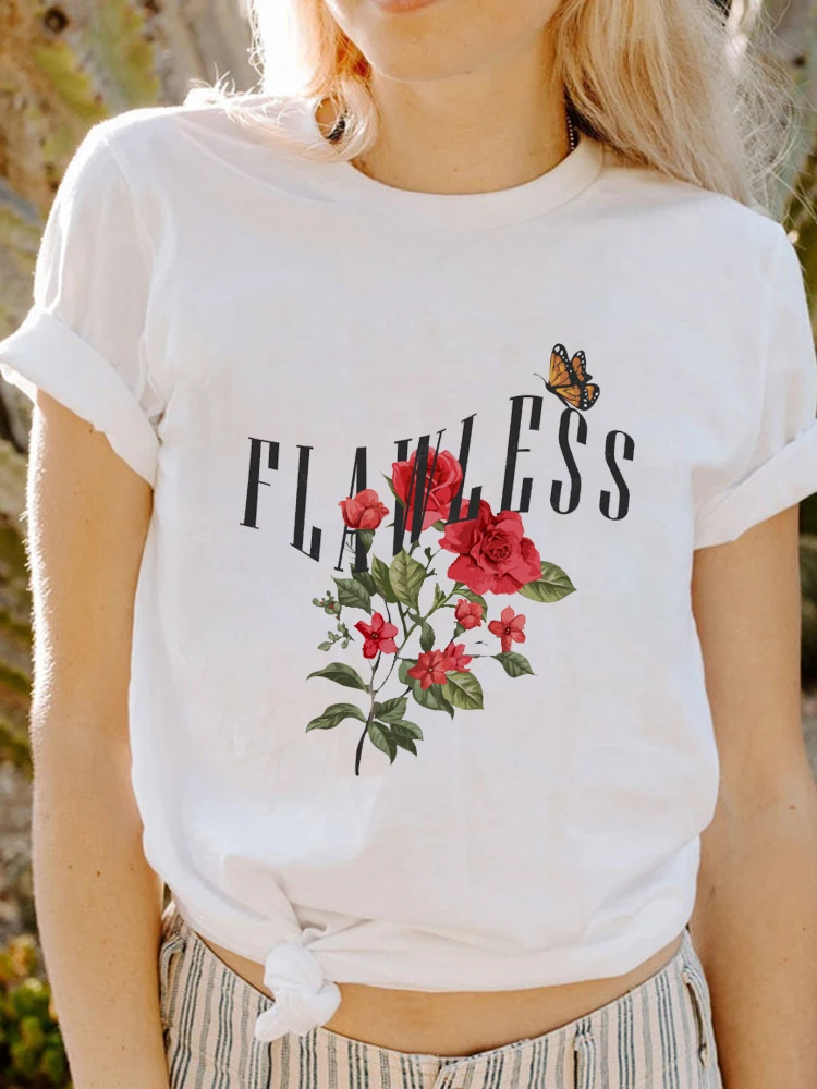 

Футболка Топ Модная стильная футболка женская с коротким рукавом красивый цветочный принт модный тренд женский дорожный узор белый T-sh