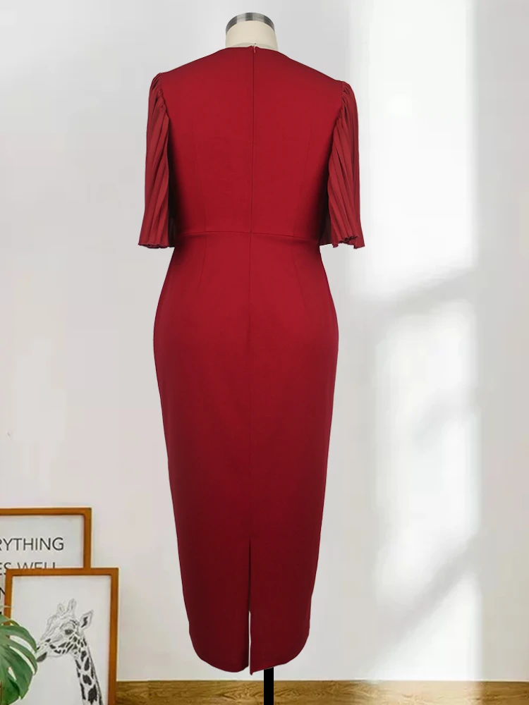 Red Dresses Plus Size Women O Neck Short Pleated Sleeve Sexy Bodycon Midi Gowns Birthday Cocktail Even Dress Outfits 2022 Summer