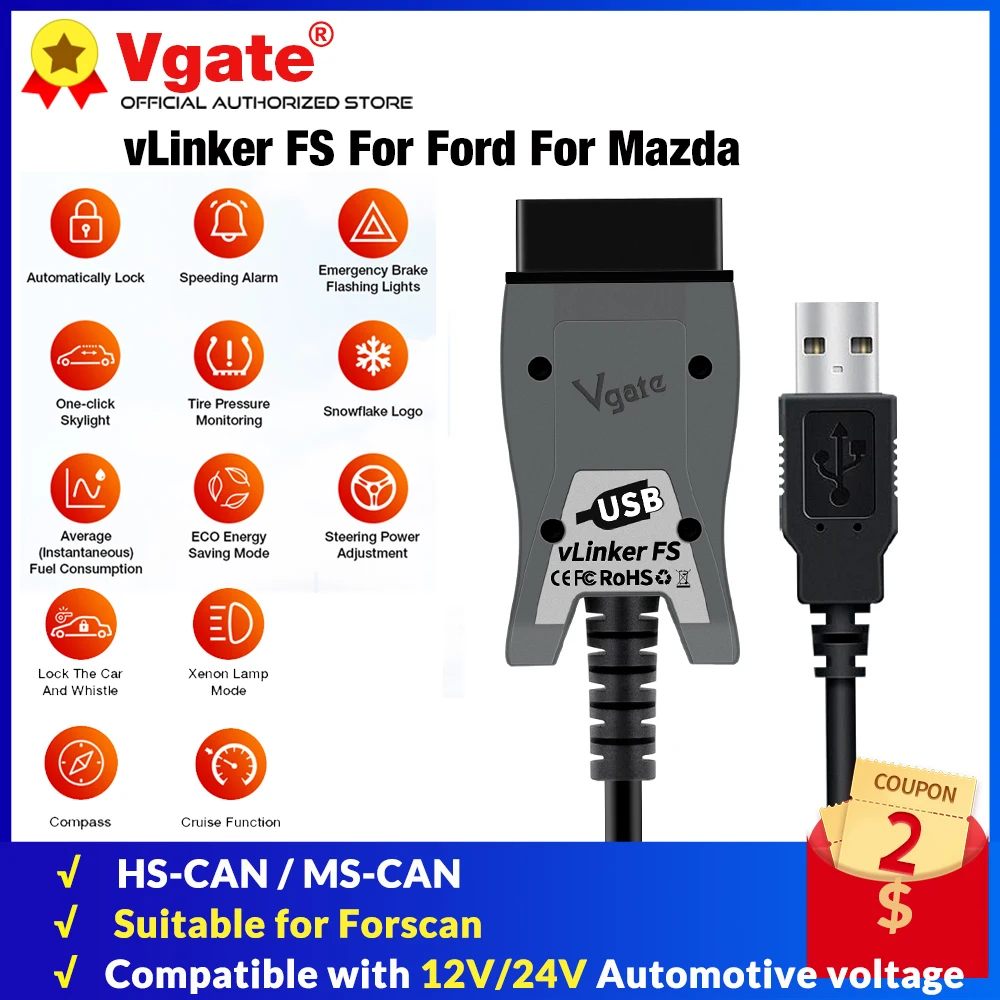 Vgate vLinker FS ELM327 адаптер для Ford FORScan MS CAN/HS-CAN OBD2 ELM 327 Автомобильный диагностический