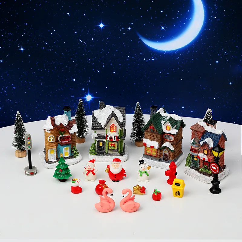 

18 Pcs Set Christmas Decoration 2023 New Luminous Small Snowy House Village Santa Claus Snowman New Year Ornaments Navidad Natal