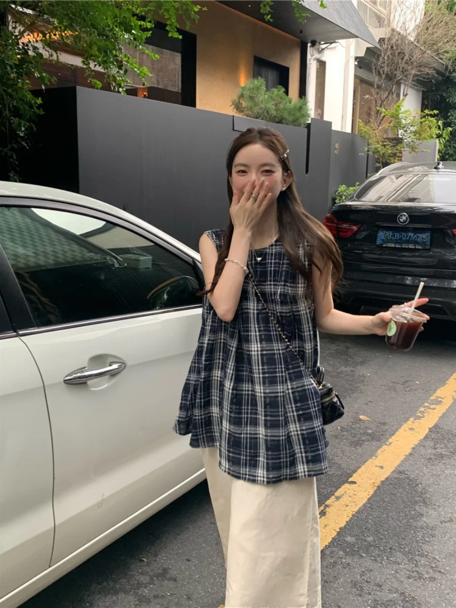 Модные японские рубашки в клетку для женщин Новинка лета 2024 свободный милый и