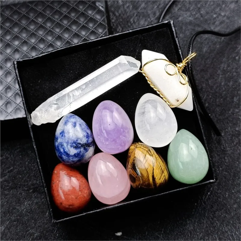 

Chakra Yoga Reiki Stone Set Healing Meditation Natural Crystal Stones egg Quartz Gemstones Necklace Collection Home Decor Craft