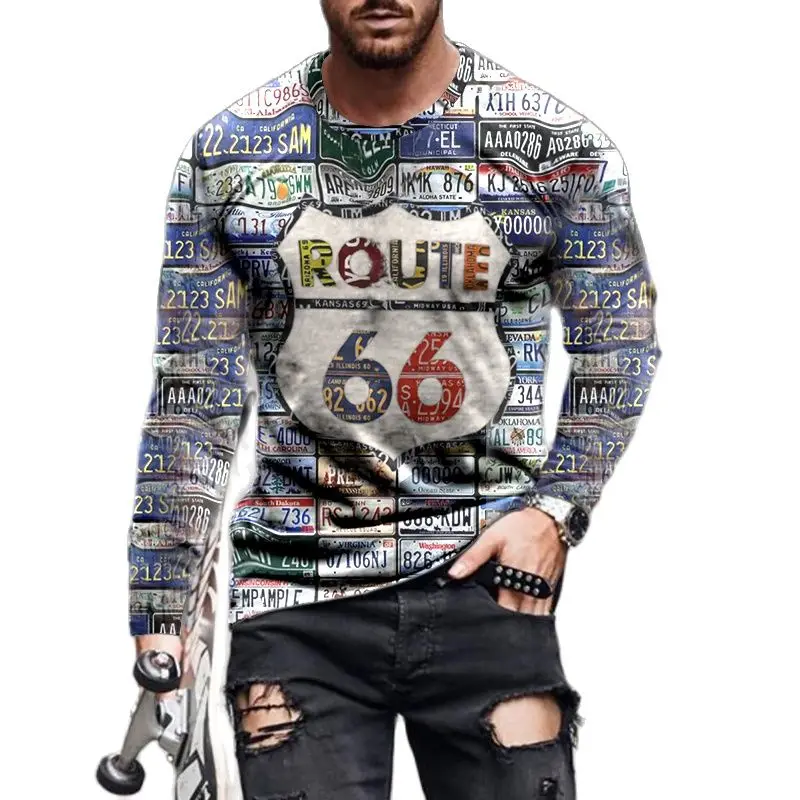 

Футболка мужская с длинным рукавом, хлопок, круглый вырез, Модный повседневный Удобный универсальный топ с принтом шоссе 66, Свободный пулов...