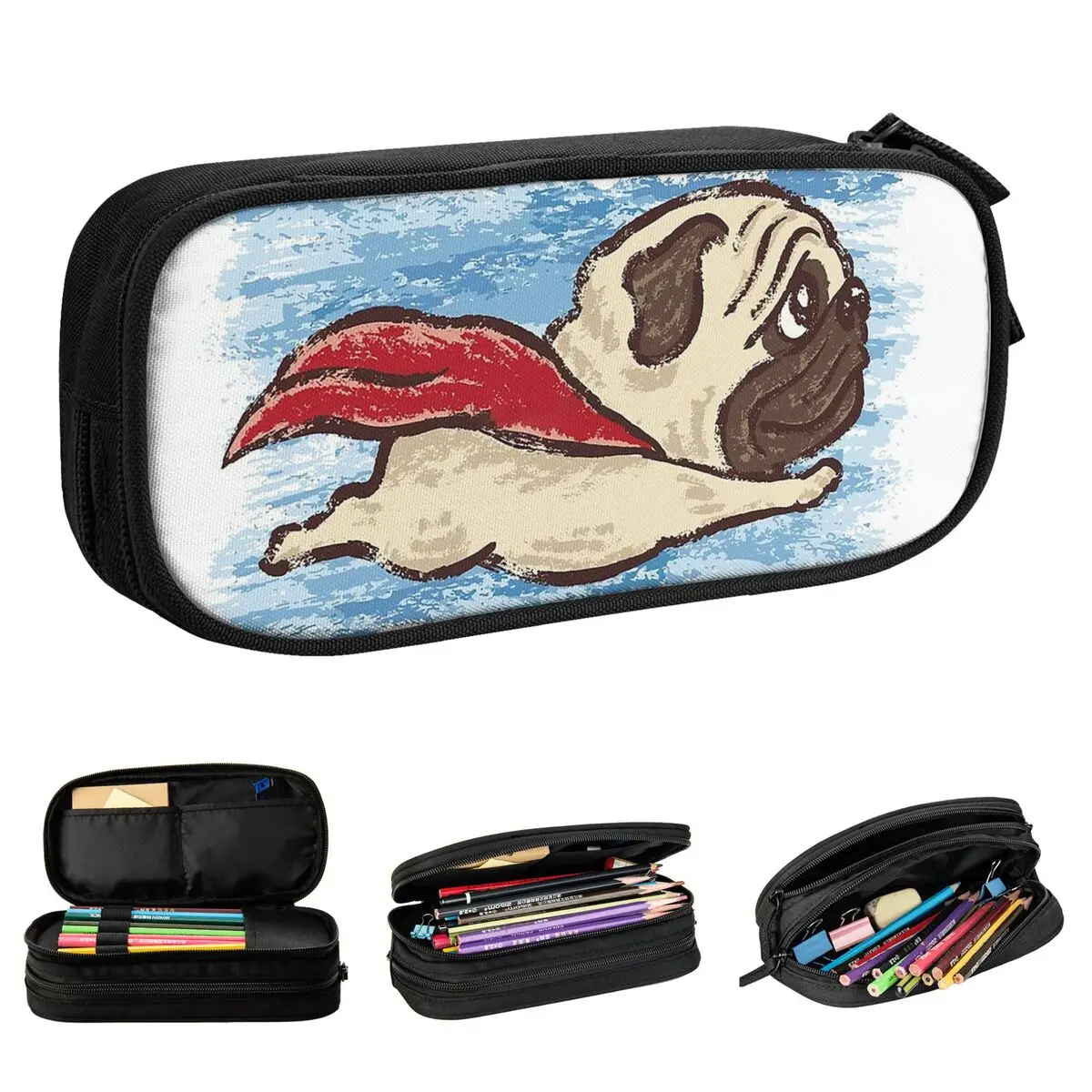 

Flying Pug Pencil Case Dogs Lover Pencilcases Pen Holder for Student Big Capacity Bags School Supplies Zipper Stationery