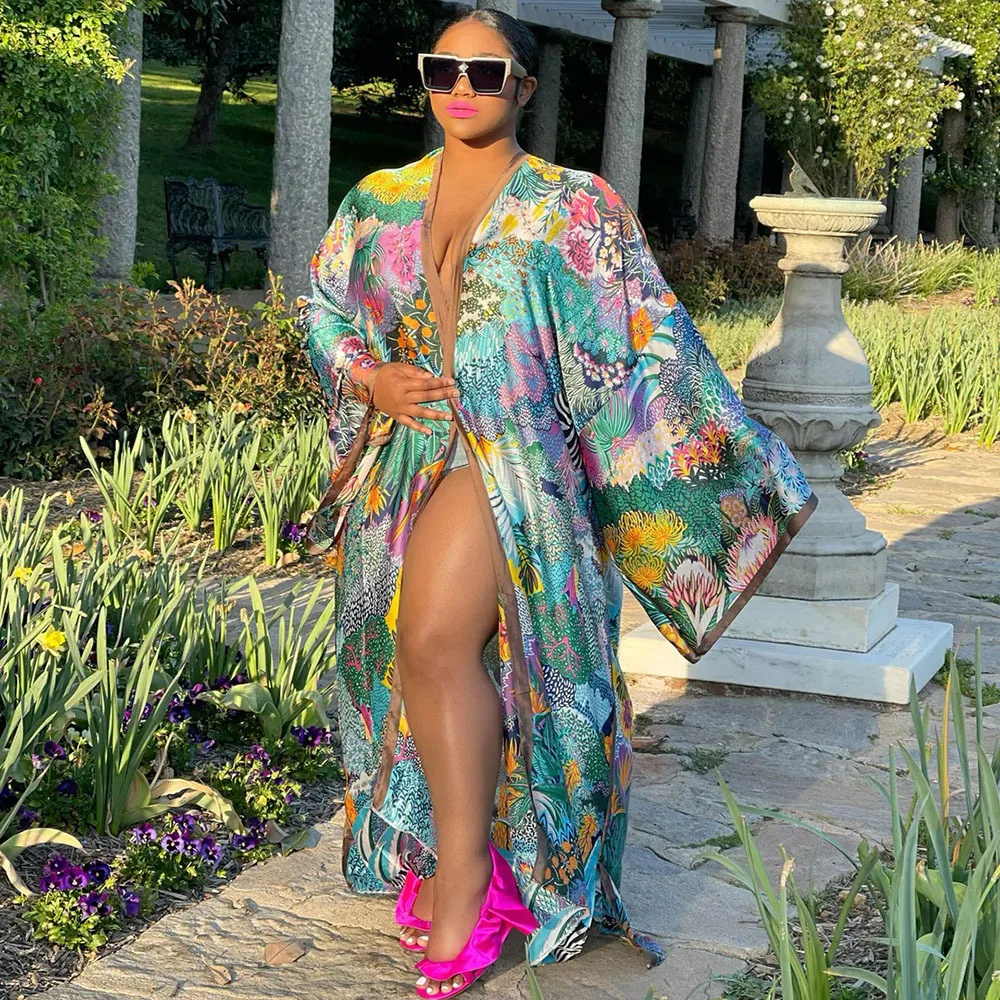 Платье-Макси женское длинное кимоно кардиган блузка рубашка платье с принтом в