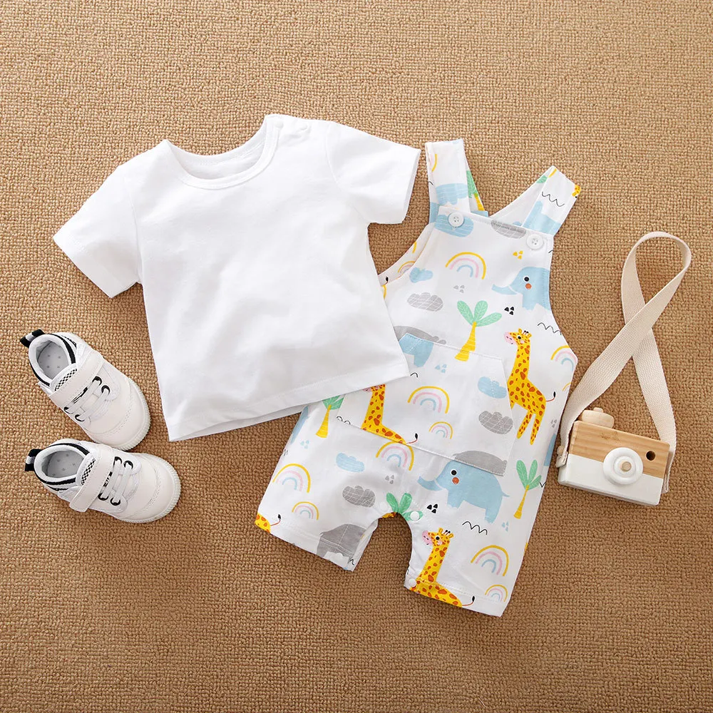 

Newborn Baby Boys Clothes Sets T-shirt & Cartoon Jumpsuit 2 Pcs 2022 Summer Elephant Romper Overalls for Toddler Clothing Male