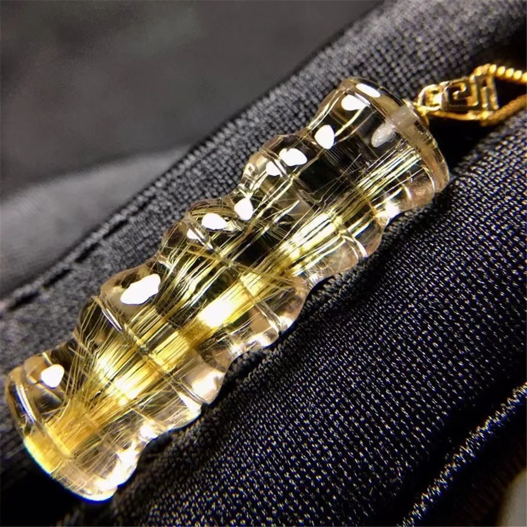 

Natural Gold Hair Rutilated Quartz Pendant 18K Gold Jewelry For Woman Lady Man Gift Clear Crystal 31x10x8mm Beads Gemstone AAAAA