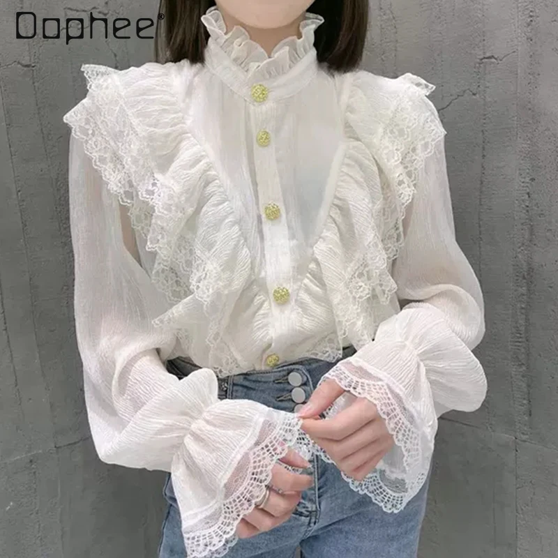 

Stand Collar Button Up Lace Shirt Feminina 2022 Spring Loose Bell Long Sleeve Patchwork Ruffled Blouse Top Women Camisa Branca