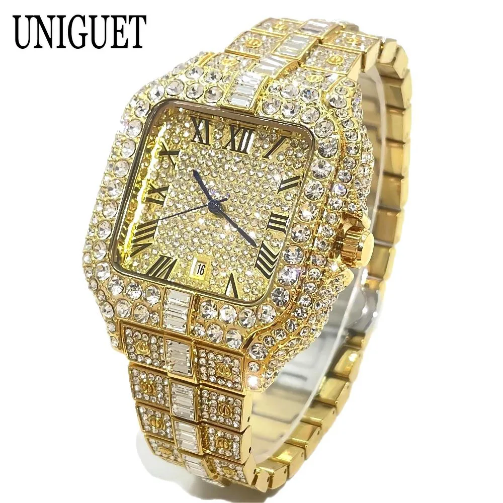 UNIGUET модные часы для мужчин, роскошные розовые квадратные кварцевые часы Iced Out, мужские ювелирные часы в стиле хип-хоп с бриллиантами, наручные часы Reloj HombreU (art.: 3920c8caa89ae) - 3920c8caa89ae