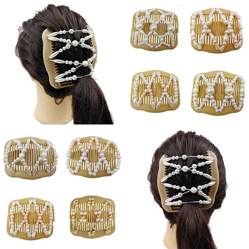 

Women's Magic Double Hair Comb Stylish High Elastic Bead DIY Hair Accessories Western Style Sweet Pearl Hair Comb Clip