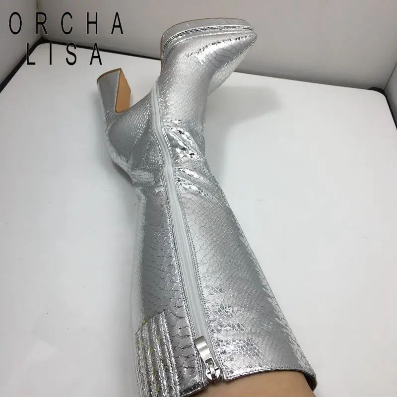 ORCHA LISA Ladies Winter Block Heel Knee Boots 2 Layer Platform Sexy Hot Party Sequin Fashion Women's Shoes Ladies Pointed Toe