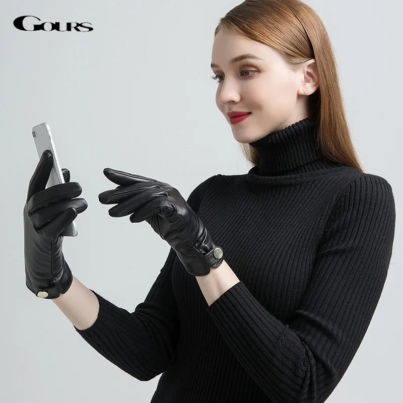 

GOURS Winter Real Leather Gloves Women Fashion Golden Button Black Genuine Sheepskin Touch Screen Gloves Warm New Arrival GSL073