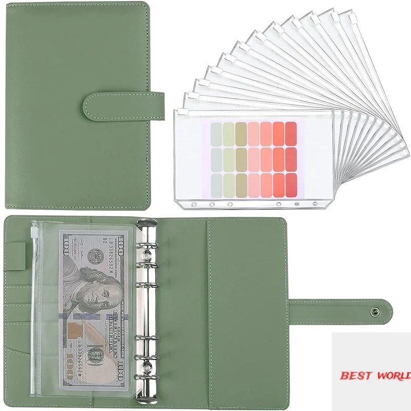 

A6 PU Leather Notebook Binder Folder Planner Personal Budget Cash Envelopes System with 12 Binder Zipper Pockets,Label Stickers