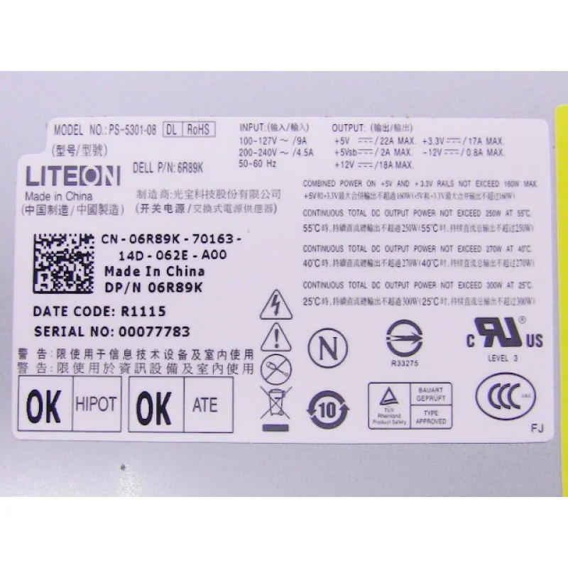 06R89K 6R89K PS-5301-08 для DELL Inspiron 570 Desktop 300W источник питания