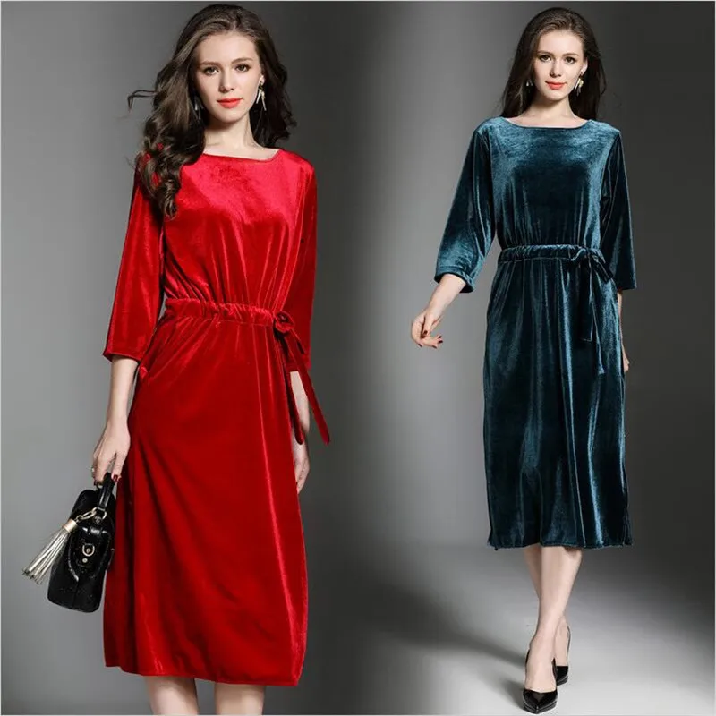 

Women Spring Autumn O-neck Three Quarter Sleeve Long Dress Solid Velvet Vintage Sashes Waist Dress Velour Party Vestidos