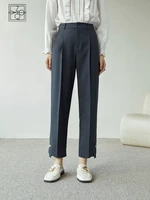 ziqiao japanese high waist casual ninth pants button waist straight trousers office lady solid drape suit pant spring trouser