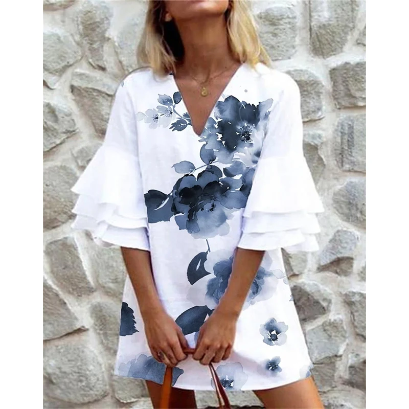 

Платье женское оверсайз с V-образным вырезом, Пляжная туника с принтом, модный Свободный Повседневный Сарафан с оборками, 5XL, на лето