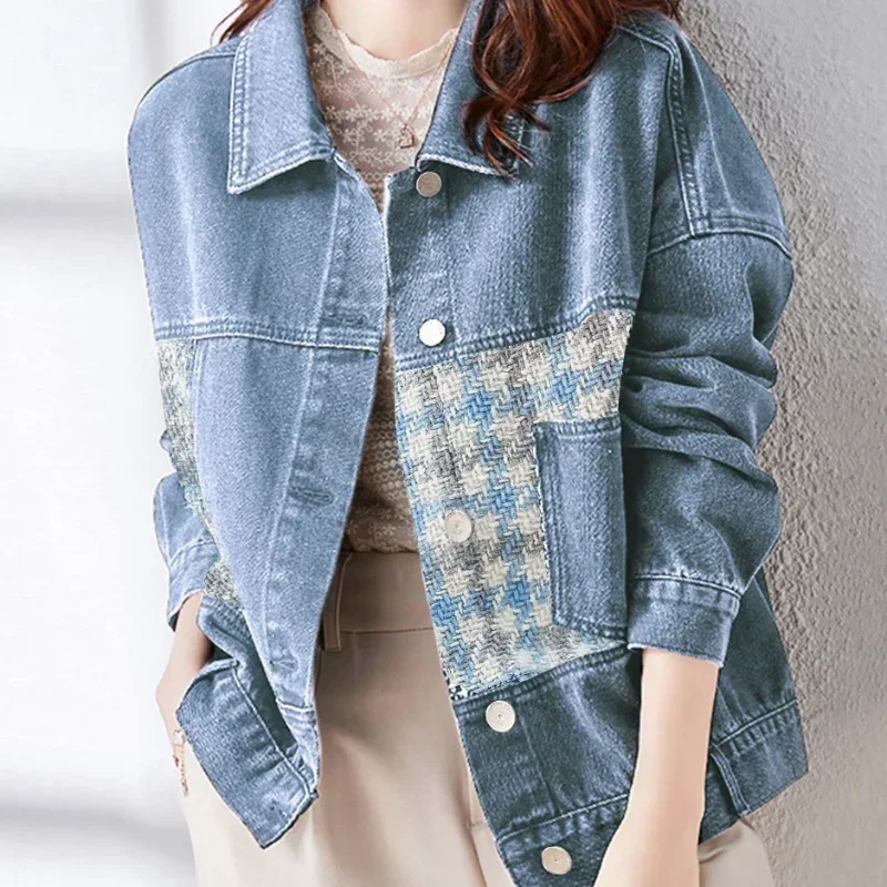 Лоскутная модная джинсовая куртка 2025 года для женщин ковбойское пальто в клетку