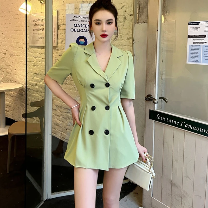 

Женское двубортное мини-платье, зеленое короткое офисное платье с коротким рукавом в Корейском стиле для работы, на лето