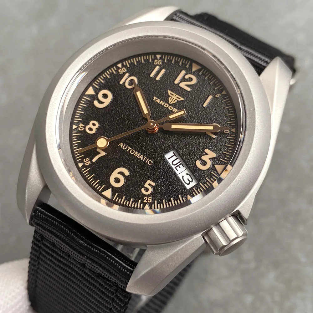 Фото Мужские механические часы Tandorio Vintage Military Field Diving с японским механизмом NH36A, коронкой 3.8, корпусом с пескоструйной обработкой, водонепроницаемостью 200 м. №3
