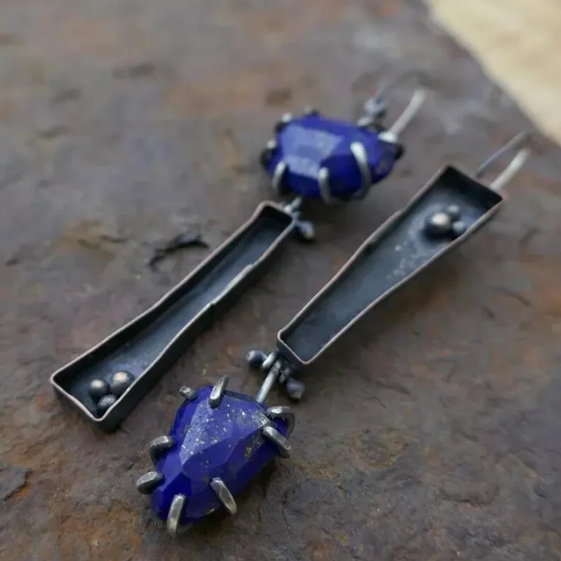 

Ethnic Irregular Shaped Inlaid Blue Purple Stones Asymmetric Earrings Vintage Silver Color Metal Unique Shape Dangle Earrings