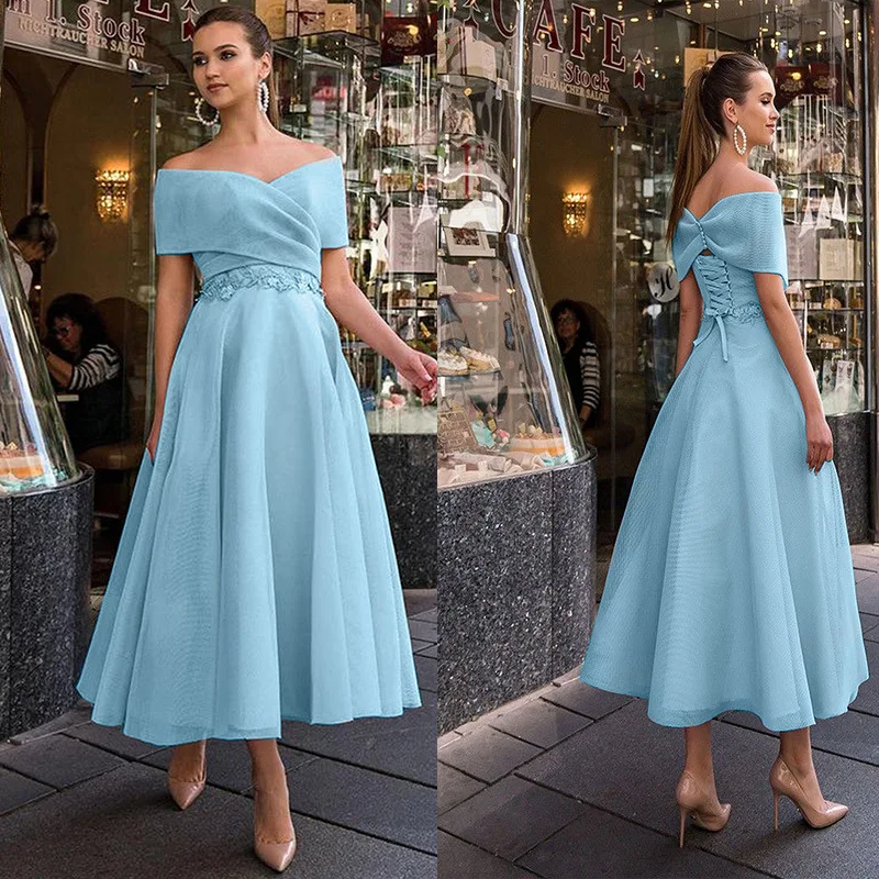 Bule Women Prom Dress 2023 Sexy Off-Shoulder Backless Long Dress Slim Waist A-Line Wedding Evening Party Occasion Dresses