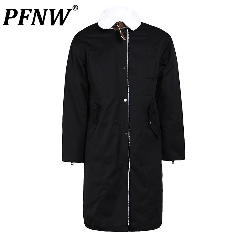 

PFNW Black Lambs Wool Big Size Long Cotton-padded Coat Long Sleeve Men's Parkas Fashion Tide New Autumn Winter 2023 Coat CPG0071