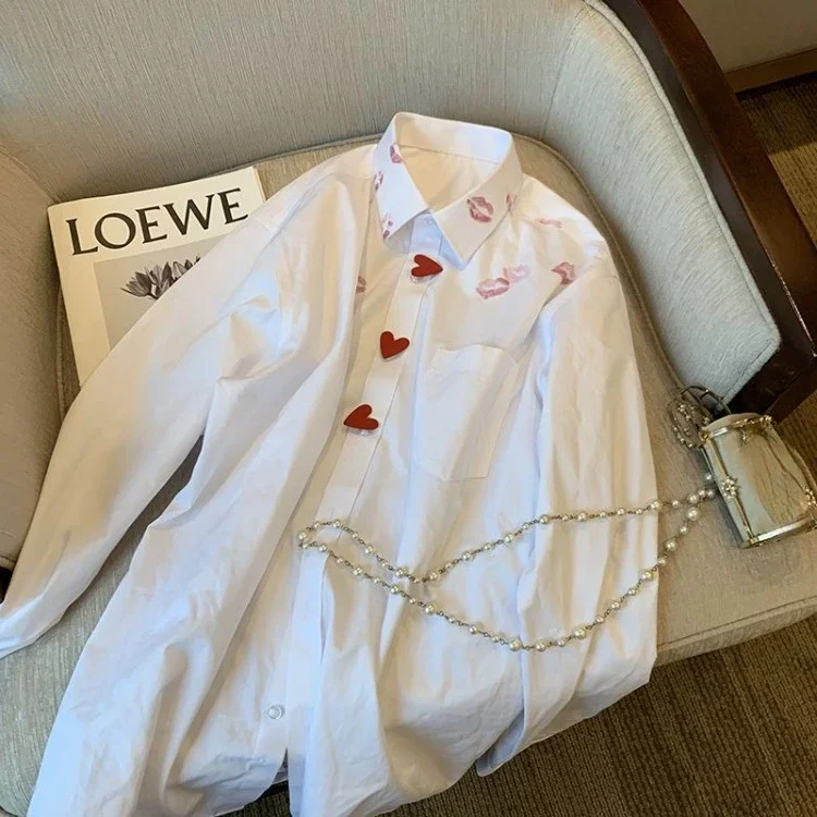 Простые белые рубашки с принтом губ женские весенне-осенние новые универсальные