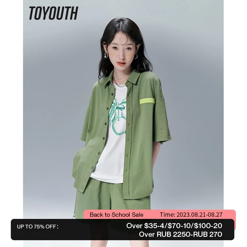 

Toyouth Women Shirts 2023 Summer Short Sleeve Polo Neck Loose Blouse with Buttons Olive Green Comfort Casual Streetwear Tops