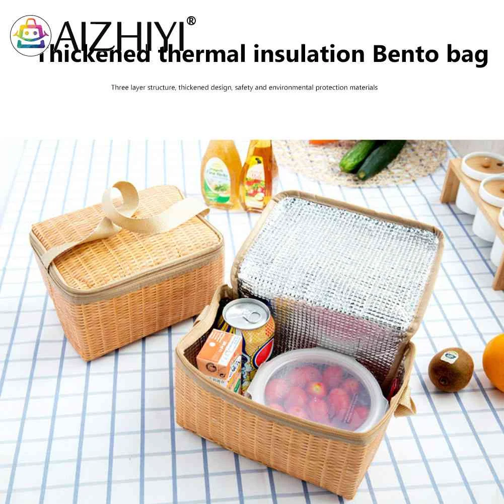 

Portable Wicker Rattan Outdoor Picnic Bag Waterproof Tableware Insulated Thermal Lunch Box Bento Pouch Tote Cooler Container Bas