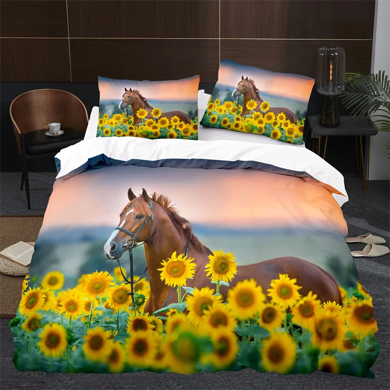 

Horse Duvet Cover Western Cowboy Farmhouse Animal Bedding Set Soft Sunflower Floral Comforter Cover Queen For Boys Girls Adults