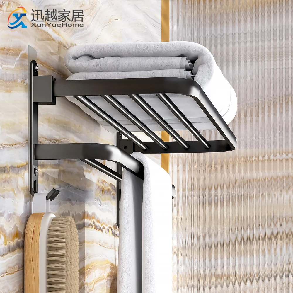 towel rack 40 60 cm velcro folding holder bathroom accessories wall mount rail shower hanger with hook black bar aluminum shelf free global shipping