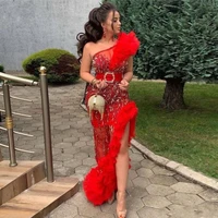 sexy red one shoulder beaded sequin ball gown with ruffle slit party wedding banquet evening dress