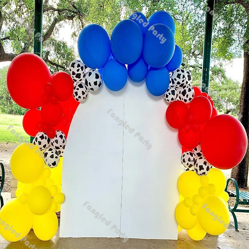 

112pcs Matte Yellow Dark Blue Red Animal Pattern Balloons Garland Gender Reveal Birthday Party Kit Baby Shower Balloon Chain