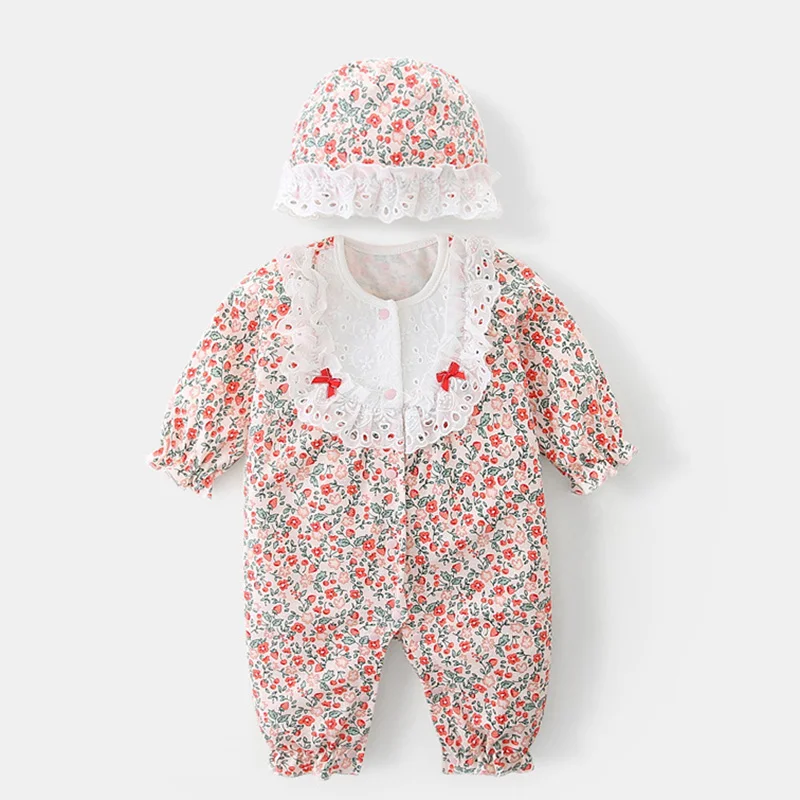 

Autumn Toddler Baby Girl Jumpsuit Long Sleeved Cotton Printing Lace Stitching Newborn Baby Girls Romper+Hat Children Clothes