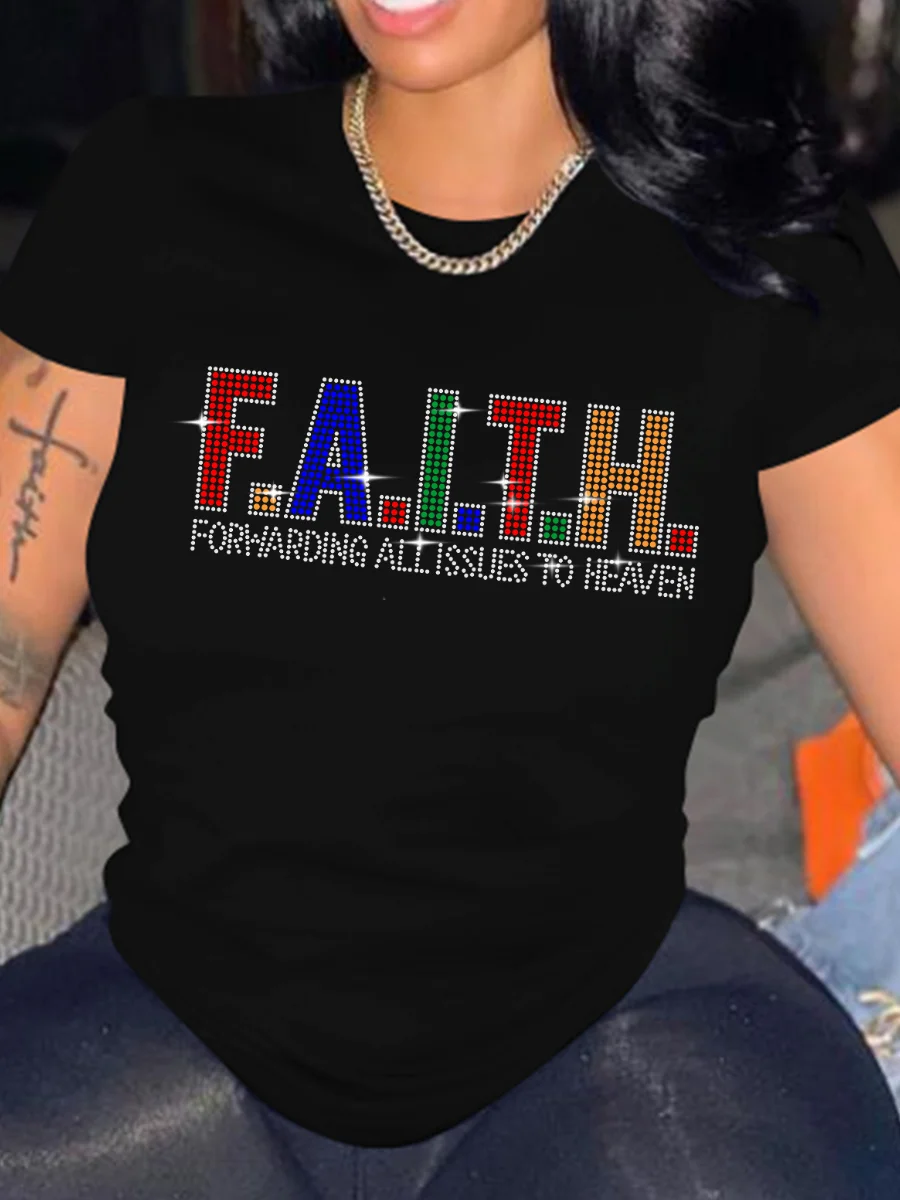 LW Plus Size Rhinestone Faith Letter T-shirt Graphic T Shirt Women Y2k Oversize O-neck Tshirt Streetwear Short Sleeve T-shirt