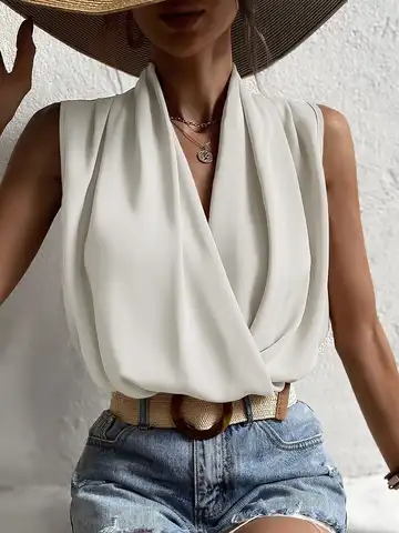 Women's Elegant Blouses Chic Woman Blouse White Top 2023 Summer Solid V Neck Sleeveless Fashion Loose Soft Casual Ladies Vest