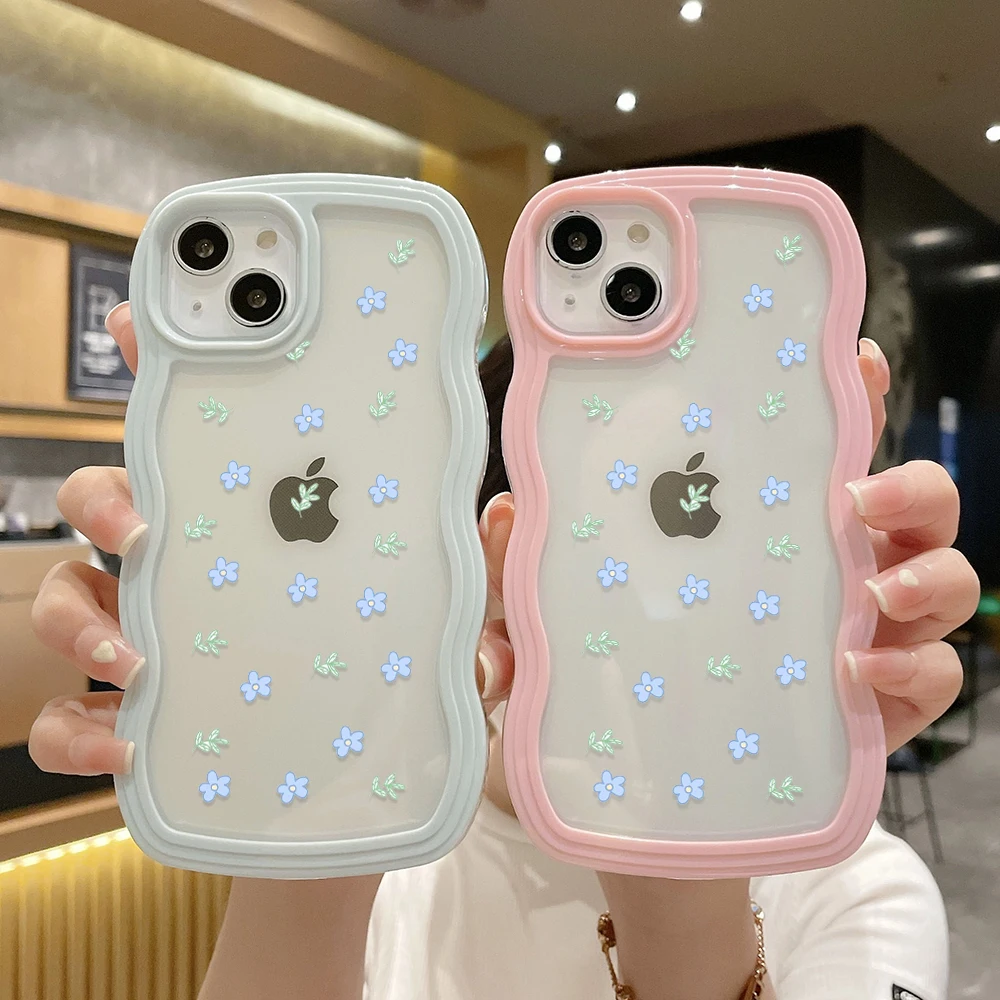 

Cute Transparent Curly Wave Case For iPhone 11 12 13 14 Pro Max 7 8 Plus X XR XS SE 2022 2020 Aesthetic Hybrid Shockproof Covers