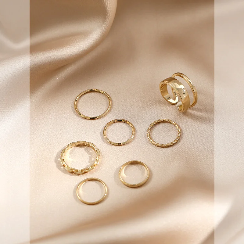 

Seven-piece Set Ring Simple Irregular Joint Ring Trendy Hip Hop Gold Color Ring Women's Fashion Ring