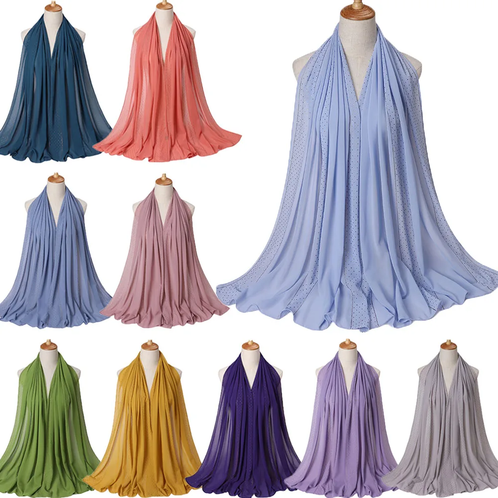 

Women Musilim Bubble Pearl Chiffon Hijab Scarf With Crystal Drilling Solid Color Shawls Headband Hijabs Scarves Scarf Arab Wraps