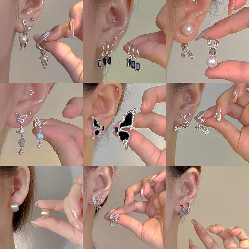 

Dainty Elegant Butterfly Asymmetric Shiny Stud Earrings Sweet Heart Beautiful Flower Metal Tassel Drop Earring Fashion Party Jew