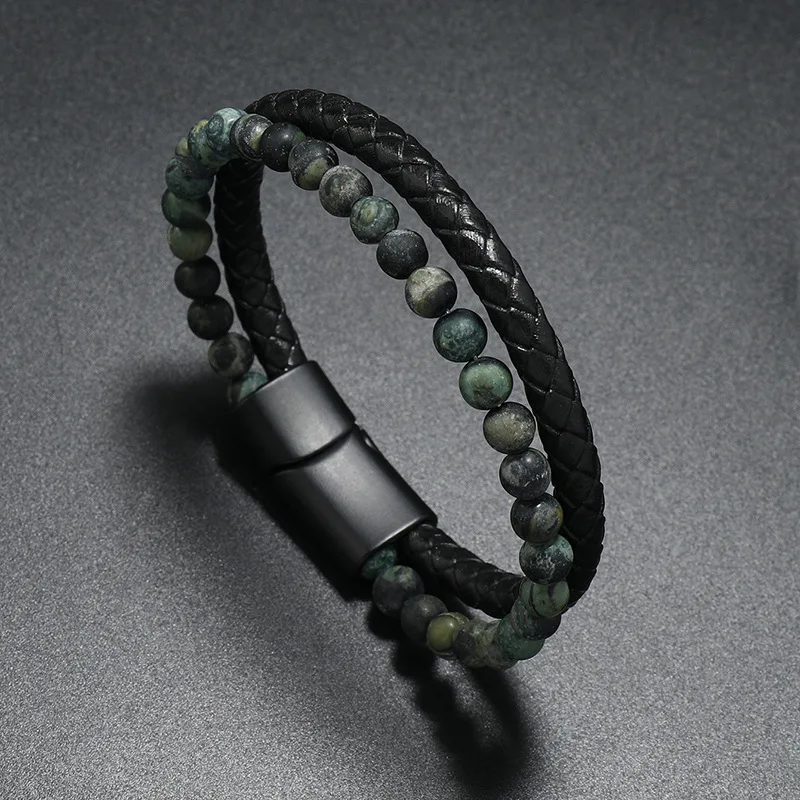 

New Trendy Volcanic Rock Leather Steel Braided Bracelet Punk Cool Multilayer Leather Bracelet for Men Birthday Gift