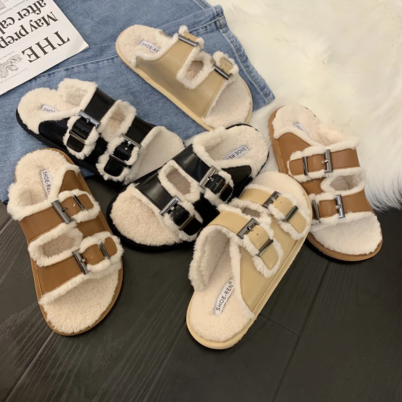 Outdoor maomao shoes that occupy the home of new fund of 2022 autumn winters is ms lamb fur buckles a leather slippers slippers