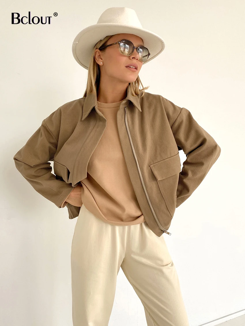 

Bclout осенние хлопковые однотонные куртки для женщин 2023 модные красные офисные женские пальто на молнии с длинным рукавом Повседневные хаки свободные куртки для женщин